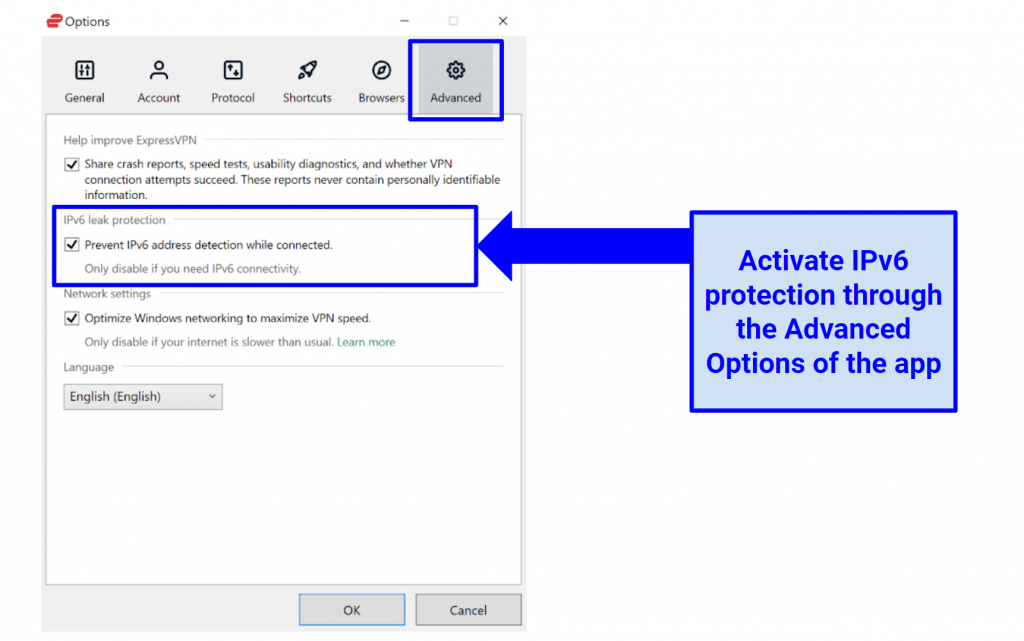 Screenshot of enabling ExpressVPN IPv6 and DNS leak protection