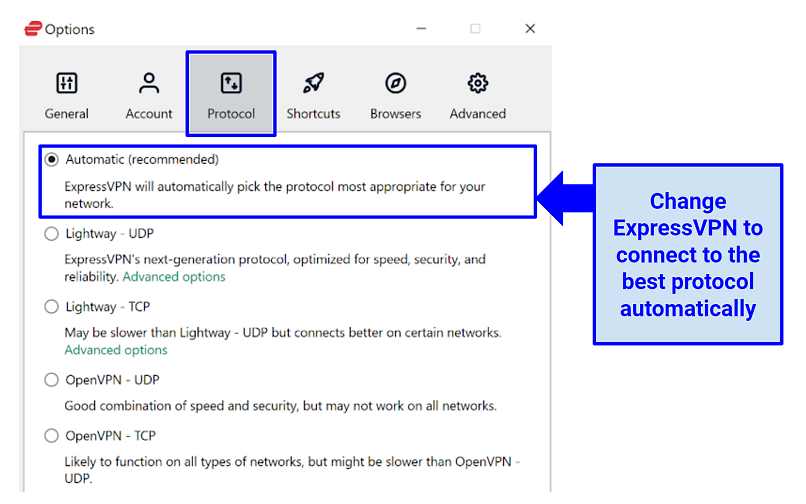Schermata dell'interfaccia app Expressvpn che mostra la modifica delle impostazioni del protocollo in automatico