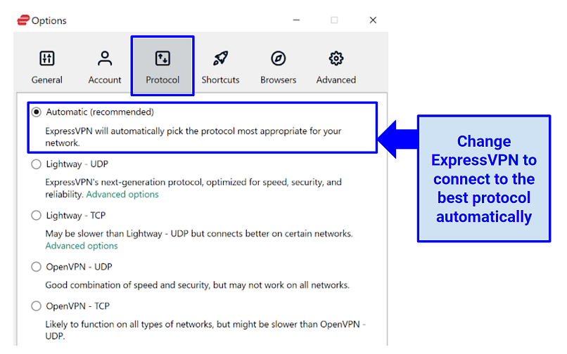 ExpressVPN ऐप इंटरफ़ेस का स्क्रीनशॉट प्रोटोकॉल सेटिंग्स को स्वचालित रूप से बदलना