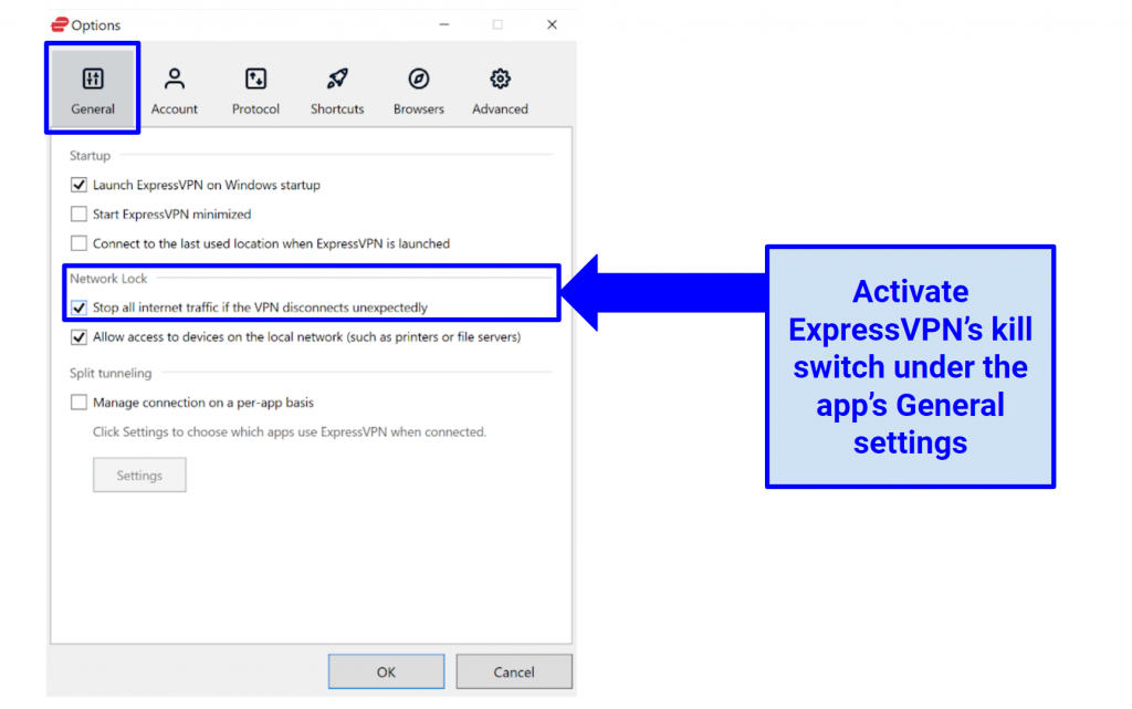 Screenshot di Abilitazione Expressvpn IPv6 e DNS Leak Protection