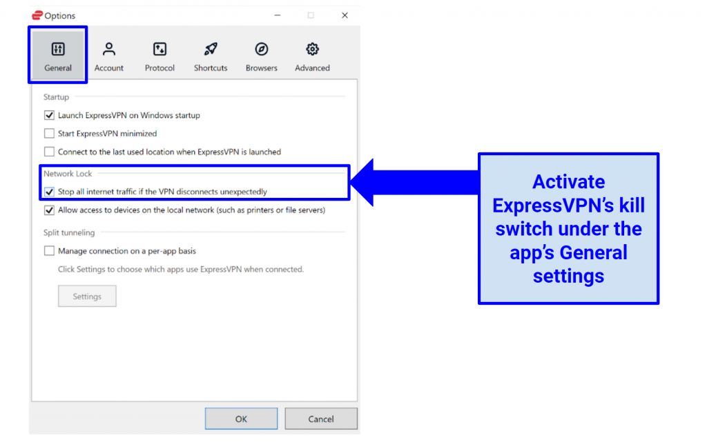 Capture d'écran de l'activation de la protection des fuites ExpressVPN IPv6 et DNS