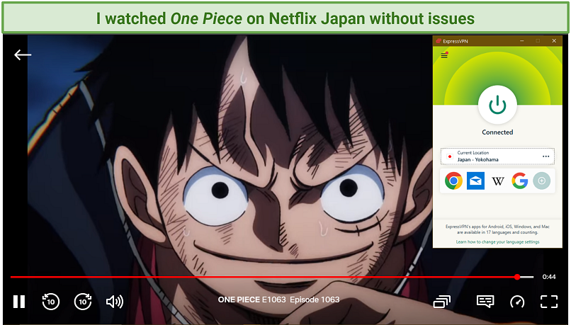 Screenshot of streaming One Piece on Netflix Japan while connected to ExpressVPN