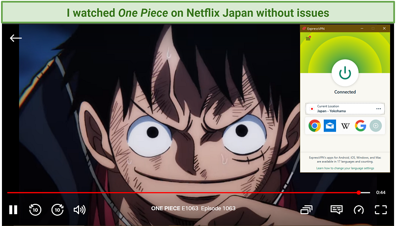 Captura de pantalla de transmisión de una pieza en Netflix Japón mientras está conectado a ExpressVPN