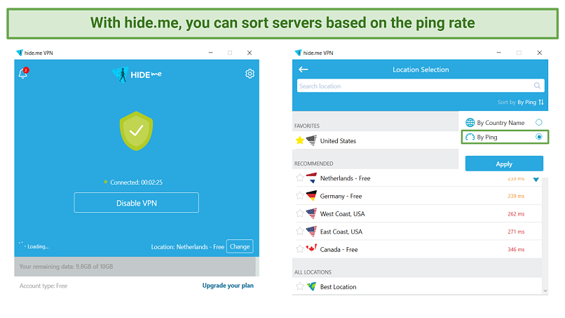 screenshot displaying hideme's server list