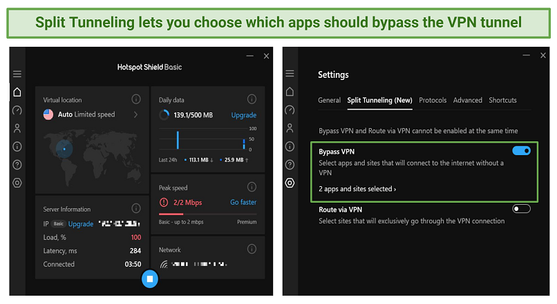 Screenshot showing how easy it is to enable split-tunneling on Hotspot Shield