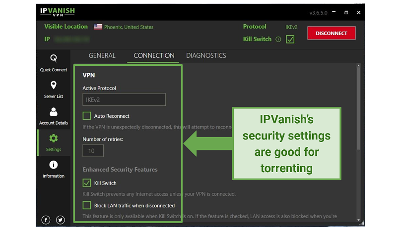 graphic showing IPVanish security settings