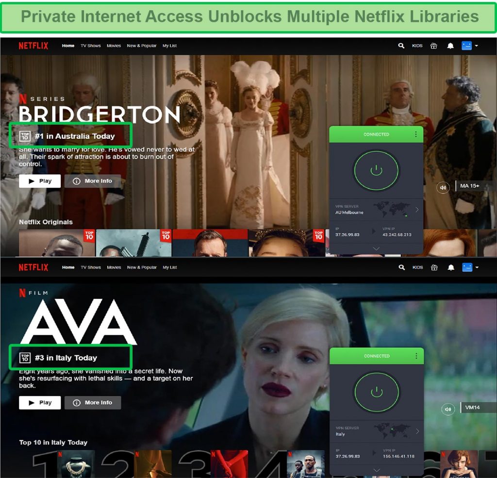 screenshot of Private Internet Access unblocking Netflix Australia and UK
