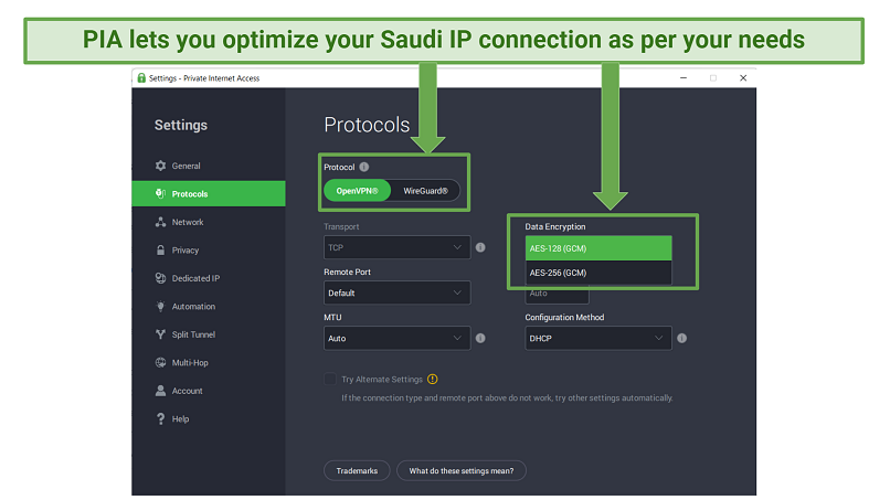Screenshot of PIA's customizable security settings.