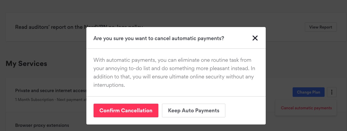 NordVPN cancel recurring payments