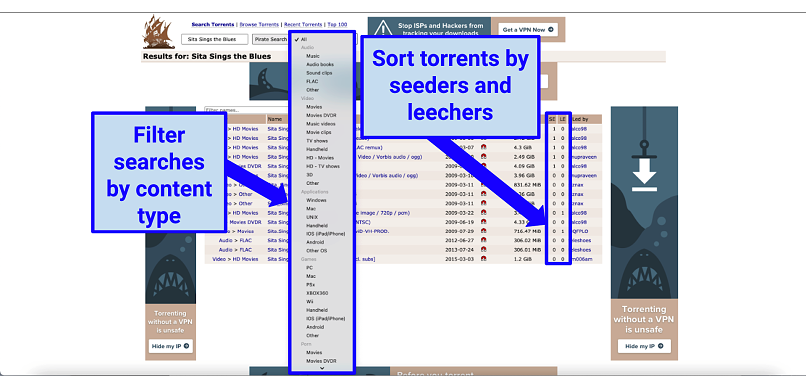 Graphic showing Pirate Bay interface