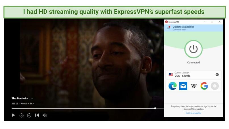 Graphic showing The Bachelor streaming on Hulu using ExpressVPN