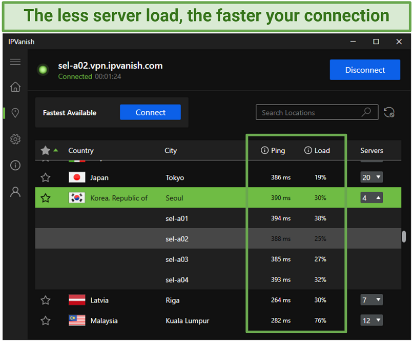 Screenshot of the IPVanish interface showing its South Korean servers and their ping and load