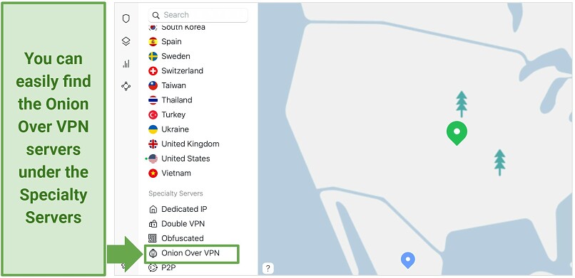 Screenshot of NordVPN's Onion over VPN servers