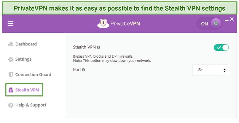 Screenshot of PrivateVPN's app showing how to turn on the StealthVPN setting