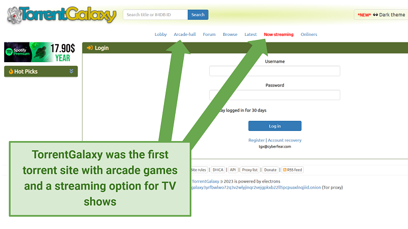 Torrent Galaxy's site displaying different page options, including 'Arcade Hall' and 'Now Streaming'