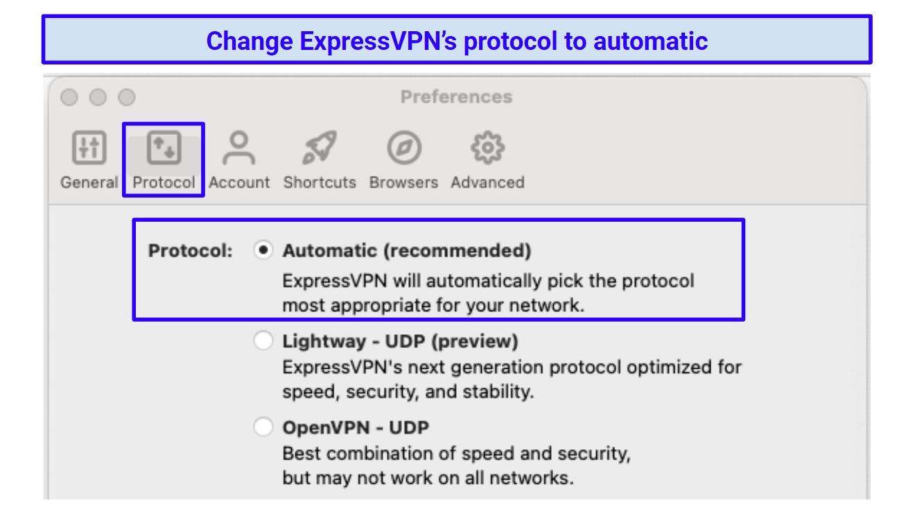 Screenshot of ExpressVPN's automatic protocol settings