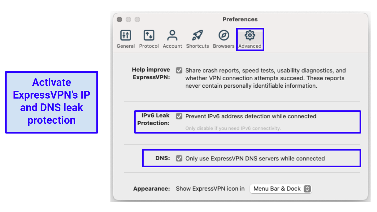 Screenshot of ExpressVPN's DNS and IP leak settings