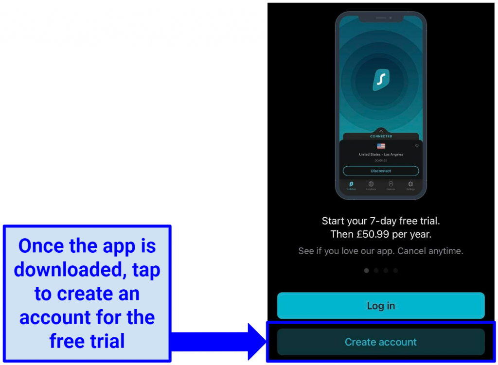 Screenshot of Surfshark mobile app log in with 7-day free trial