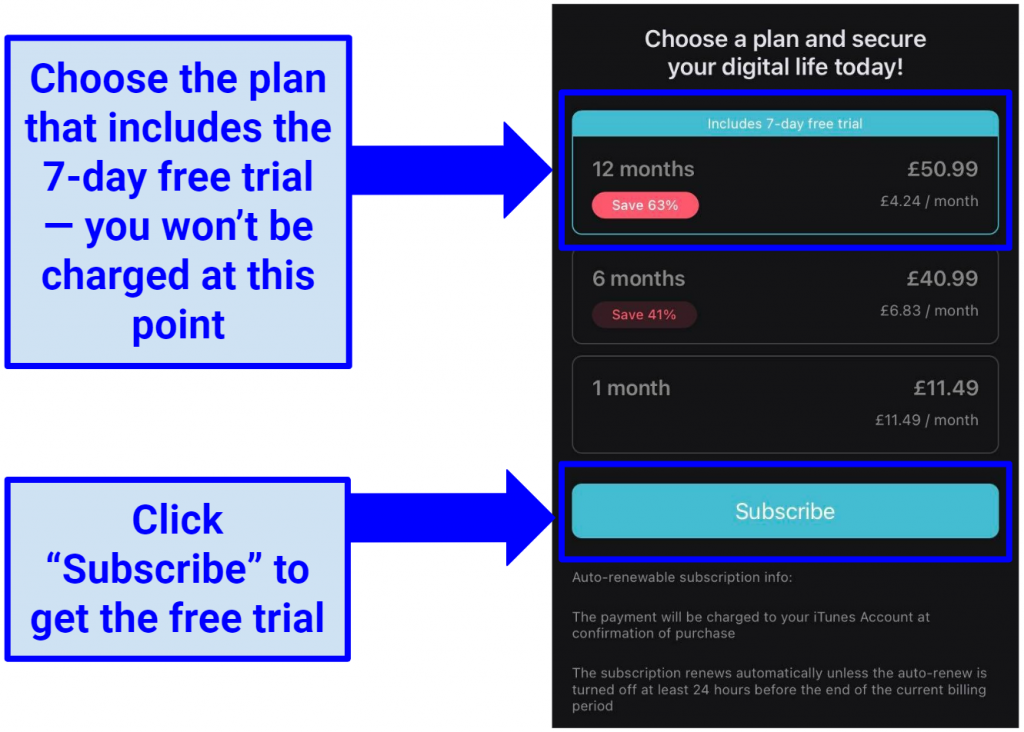 Screenshot of Surfshark's mobile app subscriptions and 12-month option with 7-day free trial