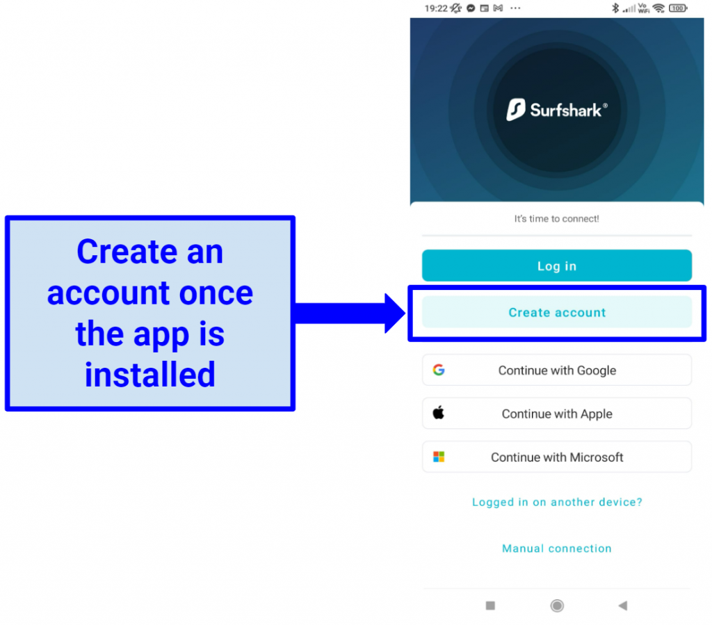 Screenshot of Surfshark mobile app create an account screen