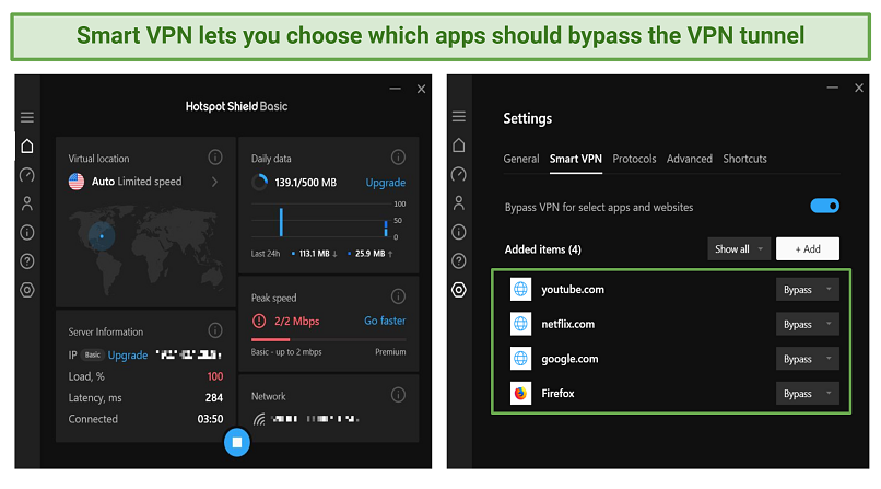 screenshot showing Hotspot Shield's Smart VPN feature