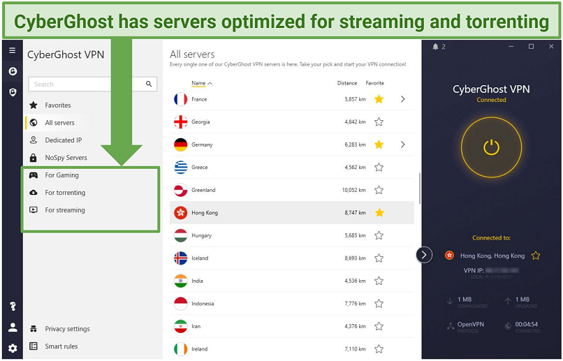 Screenshot of CyberGhost's easy-to-use interface showing available servers