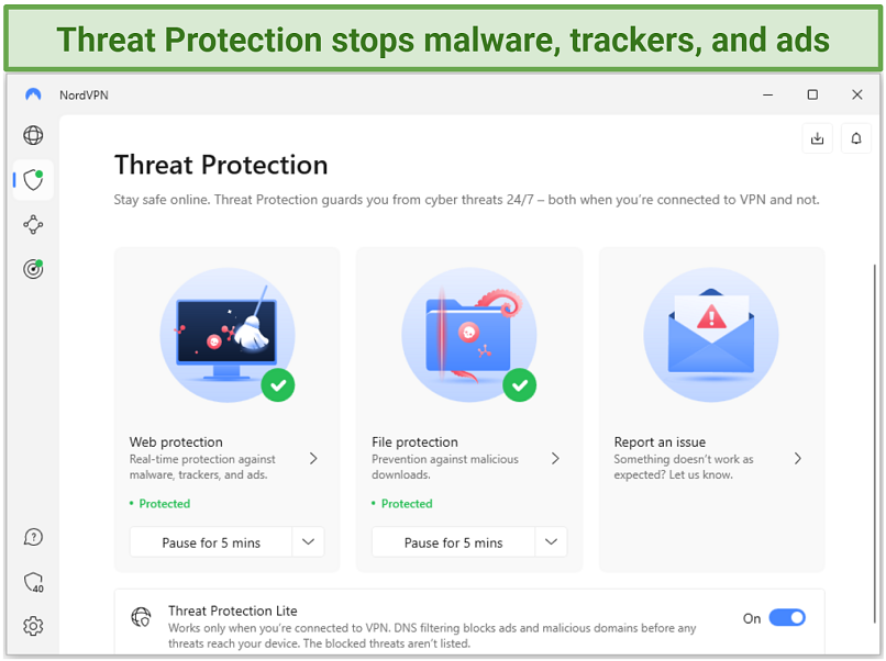 Screenshot of the NordVPN interface showing the Threat Protection feature