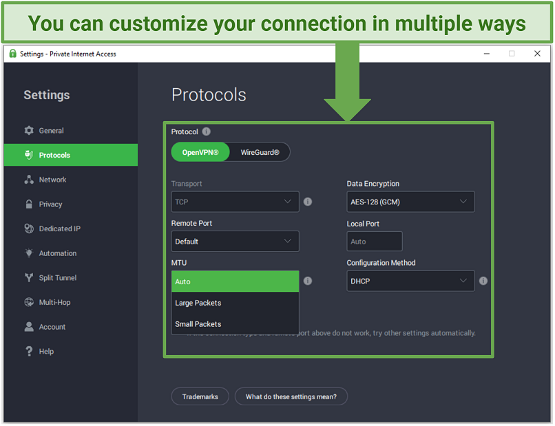 Screenshot of the PIA app showing various connection customization options like Protocol, Data Encryption level, and MTU