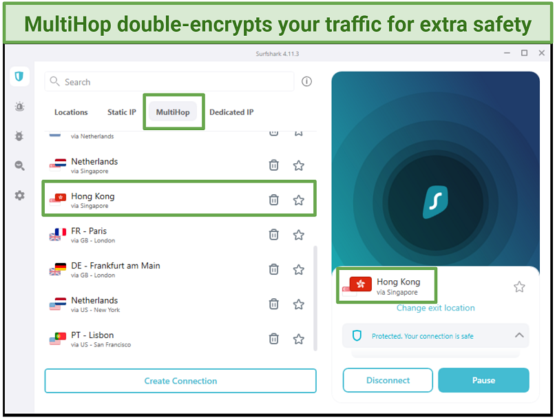 Screenshot of the Surfshark app showing the MultiHop feature while connected to the Hong Kong server