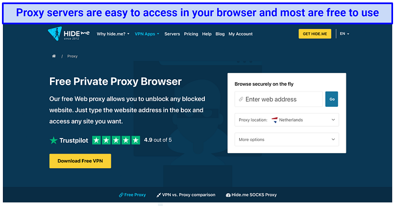 Captura de pantalla del sitio web de Hideme donde puede descargar un proxy privado gratuito