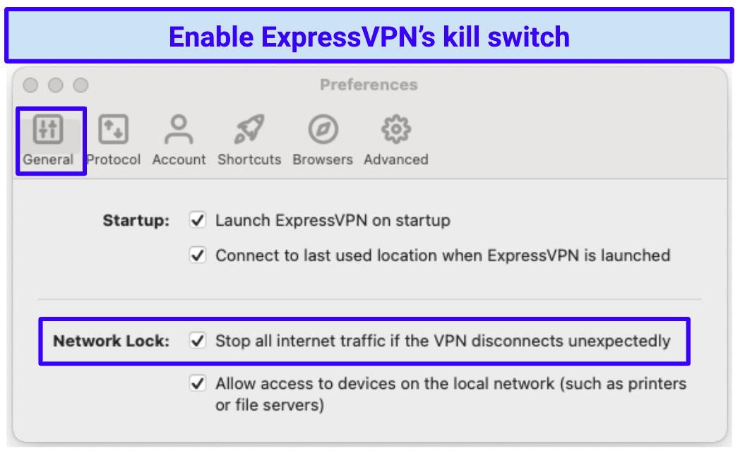 A screenshot of ExpressVPN's kill switch settings
