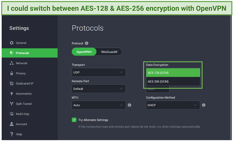 A screenshot showing how to switch between PIA's AES 128 and AES 256 encryptions