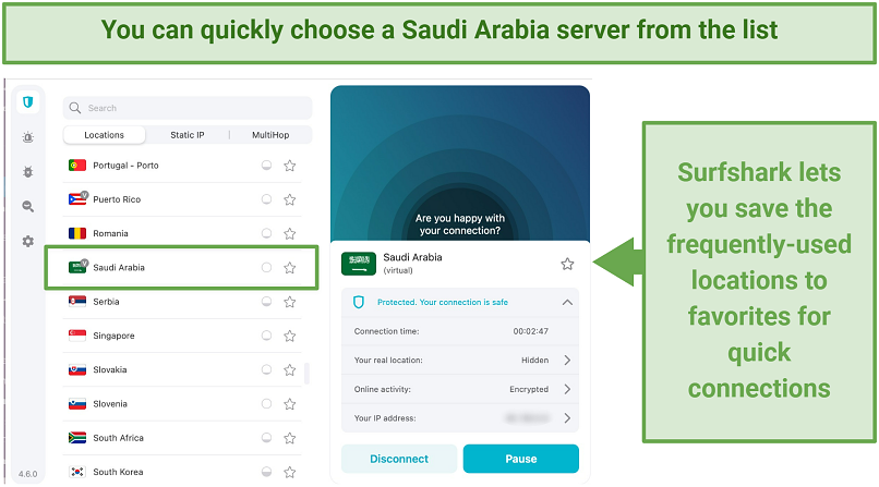 Screenshot of Surfshark connected to a Saudi Arabia server