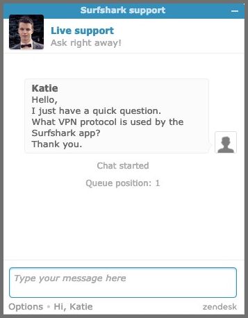 Screenshot of Surfshark's live chat feature