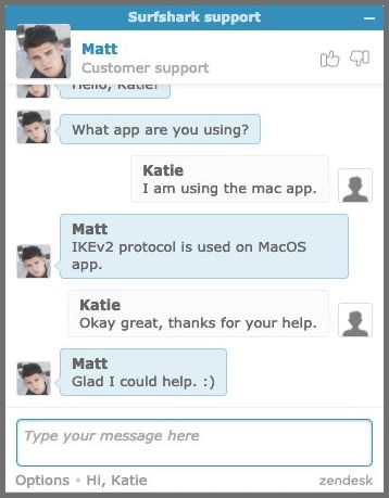 Screenshot of Surfshark's live chat agent responding to a question