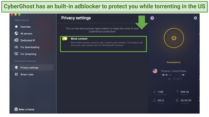 Screenshot of CyberGhost's ad blocker