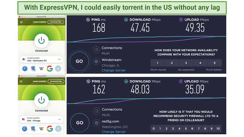 Screenshot of speedtest using ExpressVPN
