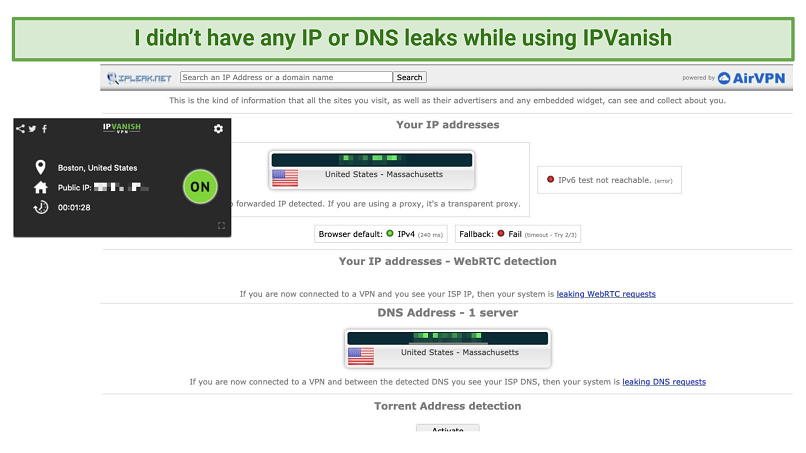 Screenshot of leak test on ipleaknet with IPVanish