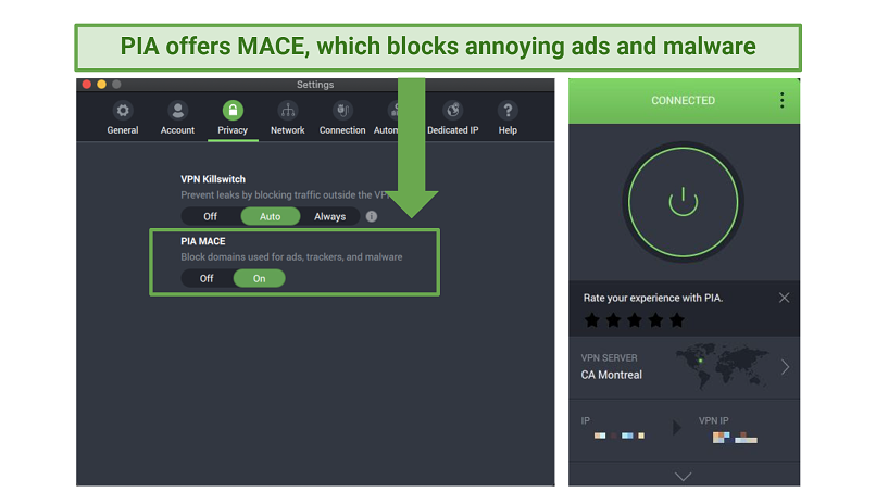 Screenshot of PIA MACE feature