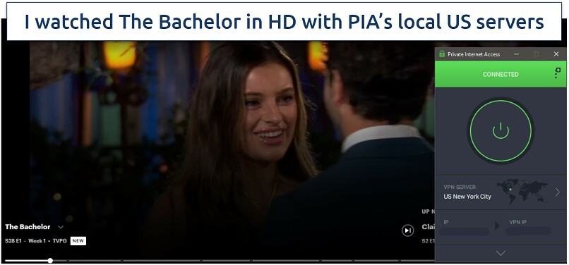 a screenshot of The Bachelor on Hulu, with Private Internet Access connected to a New York server