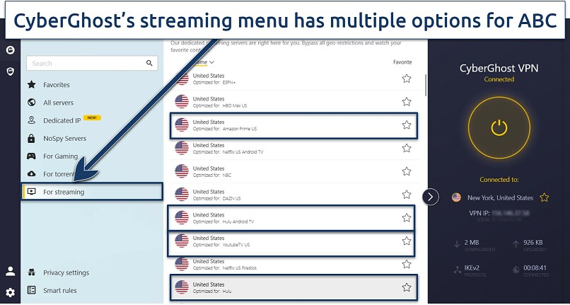 a screenshot of CyberGhost's Windows interface, showing streaming-optimized servers