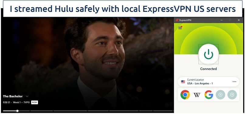 a screenshot of The Bachelor on Hulu, with ExpressVPN connected to a Los Angeles server
