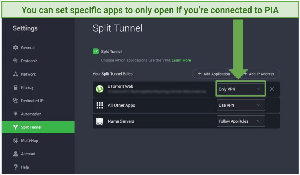 Screenshot of PIA's spilt tunneling feature on Windows