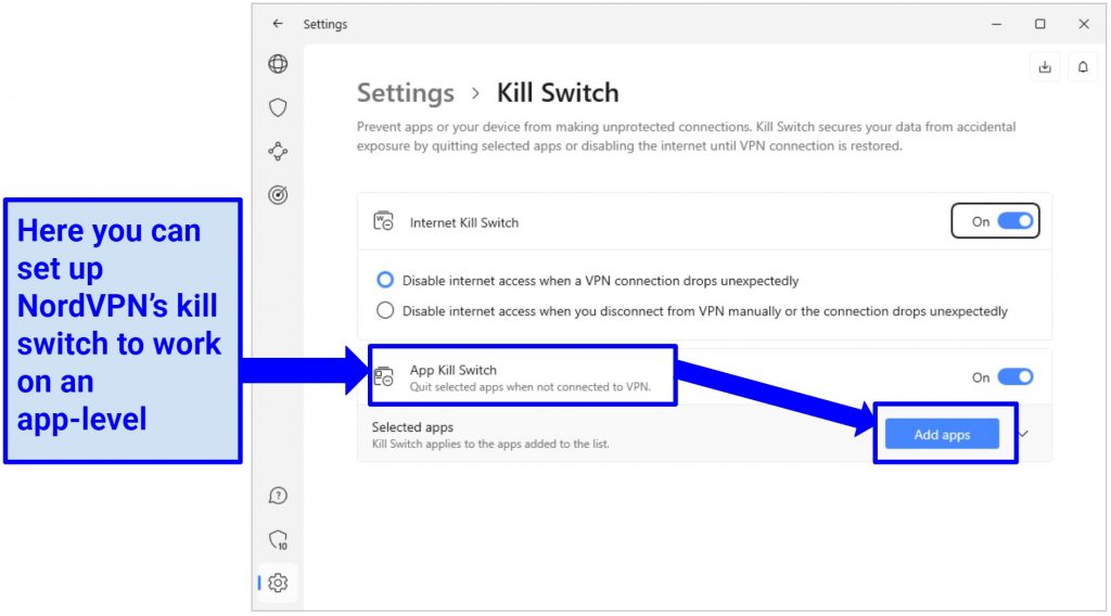 Screenshot of NordVPN's kill switch settings on Windows