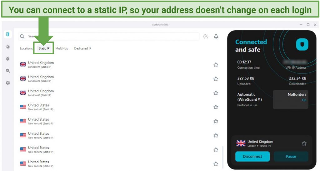 Screenshot of Surfshark's Static IP server list on Windows