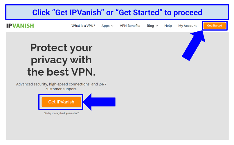 Screenshot showing the IPVanish home page and how to start the sign-up process
