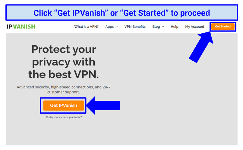Capture d'écran montrant la page d'accueil IPvanish et comment démarrer le processus d'inscription