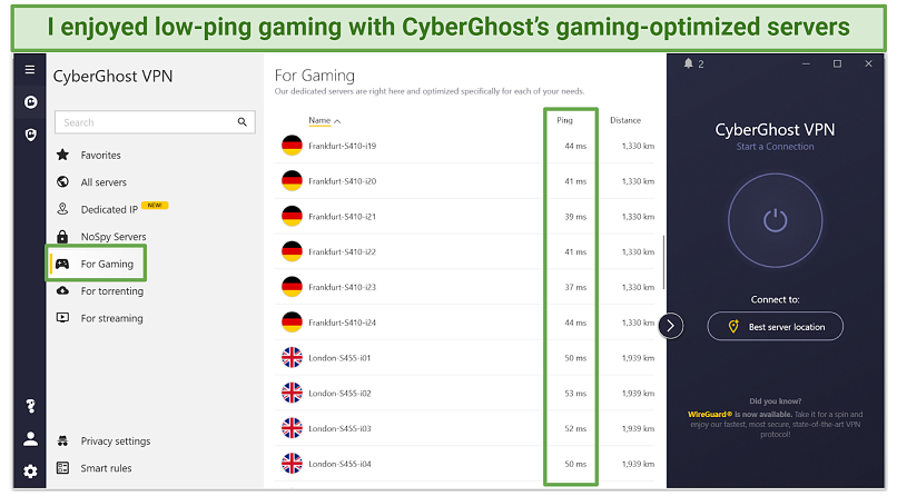 A screenshot showing some of CyberGhost's gaming-optimized servers