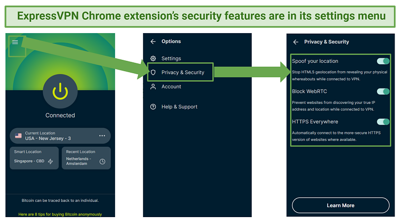 Screenshot che mostra come accedere alle impostazioni di sicurezza sull'interfaccia ExpressVPN Chrome Extension