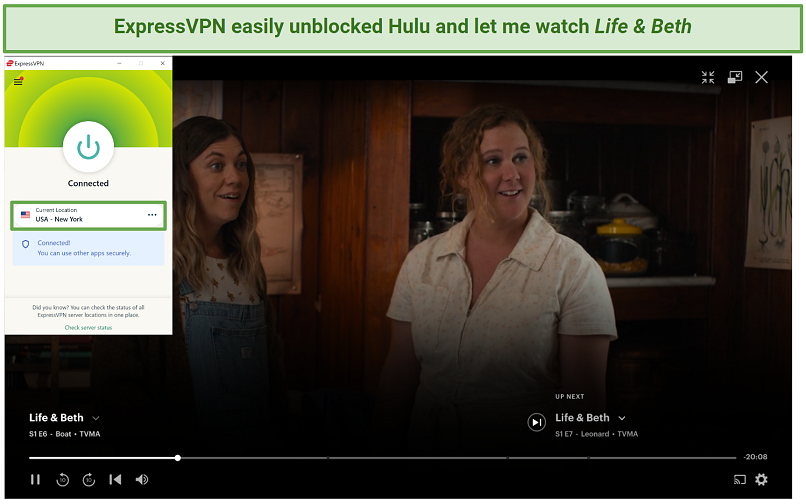 Screenshot of ExpressVPN unblocking US Hulu